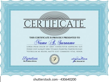 Certificado. Diseño complejo. Detallado. Fácil de imprimir. Color azul claro.