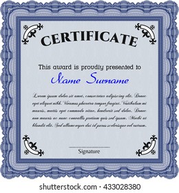 Certificate. Complex design. Detailed. Printer friendly. Blue color.