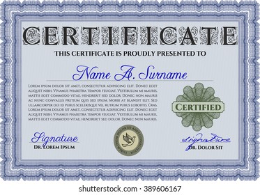 Certificate. Complex design. Printer friendly. Detailed. Blue color.