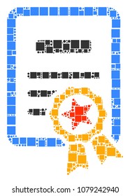 Certificate composition icon of square shapes and spheric dots in various sizes. Vector items are grouped into certificate illustration design concept.