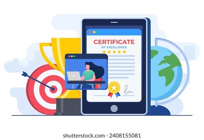 Certificate concept flat illustration vector template, Award, Prize and appreciation concept, Online education, training course, E-learning, Digital certificate program, Remote and distance study