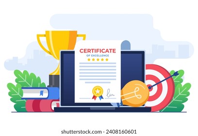 Certificate concept flat illustration vector template, Award, Prize and appreciation concept, Online education, training course, E-learning, Digital certificate program, Remote and distance study