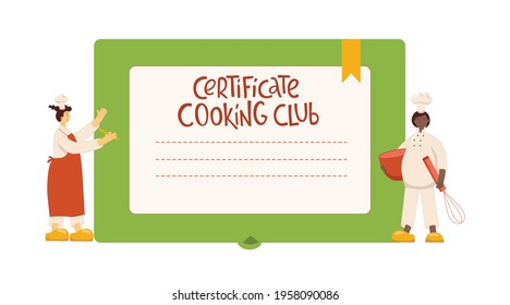 Certificate cooking club - cook chef woman with hat, uniform from professional kitchen restaurant. Vector stock illustration isolated on white background for web site, poster, online school, diploma.