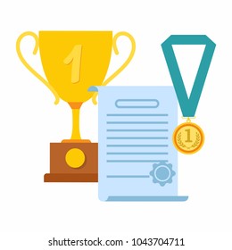 Certificate and cup with awards flat illustration isolated on white