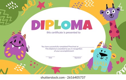 Certificate with cute monsters. Colorful school and preschool diploma for kids and children in kindergarten or primary grades with doodle elements on doodle background. Vector cartoon illustration
