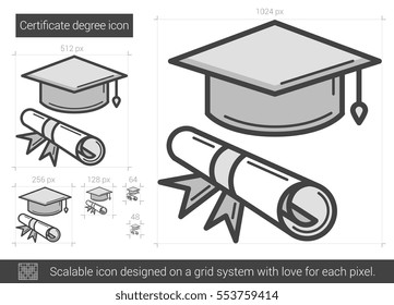 Icono de línea vectorial de grado de certificado aislado en fondo blanco. Icono de línea de diploma para infografía, sitio web o aplicación. Icono escalable diseñado en un sistema de cuadrícula.