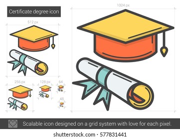 Certificate degree vector line icon isolated on white background. Certificate degree line icon for infographic, website or app. Scalable icon designed on a grid system.