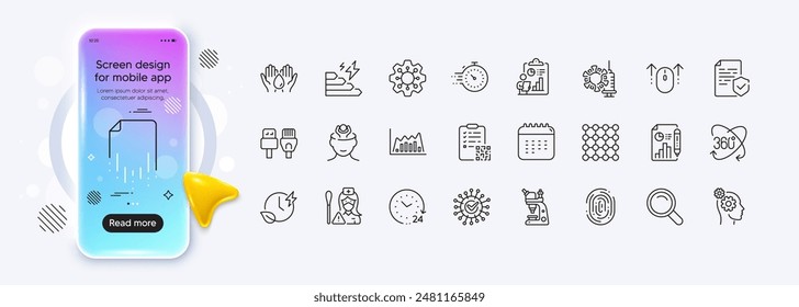 Certificate, Density and Charging time line icons for web app. Phone mockup gradient screen. Pack of Full rotation, Coronavirus, Report pictogram icons. Vector