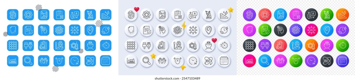 Iconos de línea de tiempo de certificado, densidad y carga. Cuadrado, degradado, Botones 3D Pin. AI, QA e iconos de pin de mapa. Paquete de rotación completa, coronavirus, icono de informe. Vector