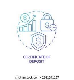 Icono de concepto de gradiente azul de certificado de depósito. Seguridad de los activos financieros. Guardando cuentas escriba la ilustración de una idea abstracta en línea delgada. Dibujo de contorno aislado. Se usa una fuente Myriad Pro-Bold