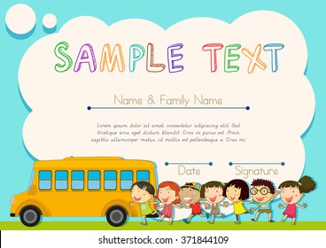 Certificate design with children and schoolbus illustration