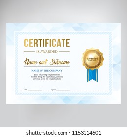 Certificate design, creative geometric blue background, template for diploma with gold medal