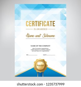 Certificate design, creative geometric blue background, template for diploma with gold medal