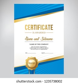 Certificate design, creative geometric blue background, template for diploma with gold medal