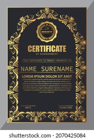 Certificate Design. Diploma currency border template. Dark colored gift voucher award background. Vector Illustration - Template Design