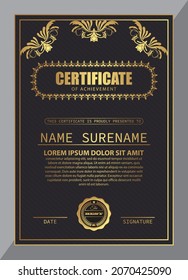 Certificate Design. Diploma currency border template. Dark colored gift voucher award background. Vector Illustration - Template Design