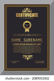 Certificate Design. Diploma currency border template. Dark colored gift voucher award background. Vector Illustration - Template Design