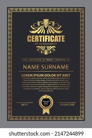 Certificate Design. Diploma currency border template. Dark colored gift voucher award background. Vector Illustration - Template Design