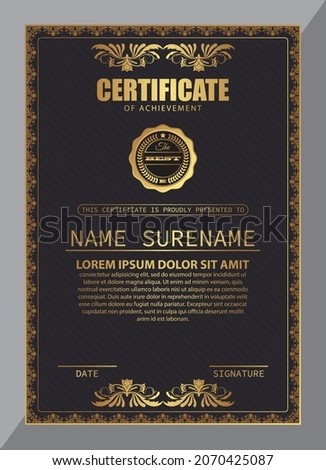 Certificate Design. Diploma currency border template. Dark colored gift voucher award background. Vector Illustration - Template Design
