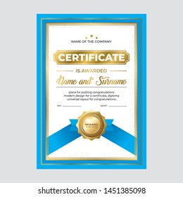 Certificate design, diploma template. Creative blue background with gold seal