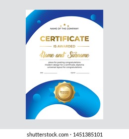 Certificate design, diploma template. Creative blue background with gold seal