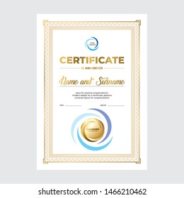 Certificate design, diploma template. Creative geometric background with gold medal