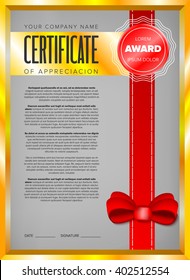 Certificate design in golden frame with red ribbon and bow