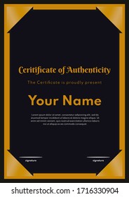 Plantilla de diseño de certificado de autenticidad en tema dorado oscuro. Puede ser utilizado para cualquier tipo de negocio y eventos.