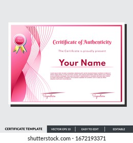 Certificate design template of authenticity in red theme. Can be used for any kind of business and events.