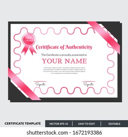 Certificate design template of authenticity in red theme. Can be used for any kind of business and events.