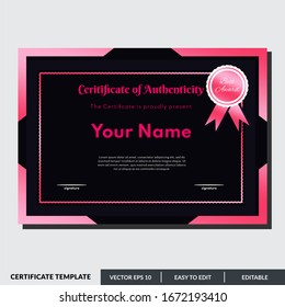 Certificate design template of authenticity in red theme. Can be used for any kind of business and events.