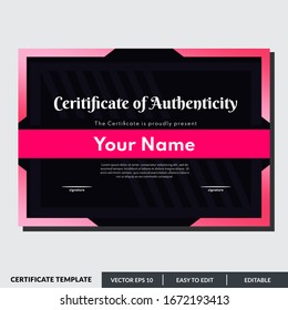 Certificate design template of authenticity in red theme. Can be used for any kind of business and events.
