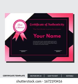 Certificate design template of authenticity in red theme. Can be used for any kind of business and events.