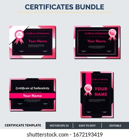 Certificate design template of authenticity in red theme. Can be used for any kind of business and events.