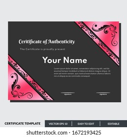 Certificate design template of authenticity in red theme. Can be used for any kind of business and events.