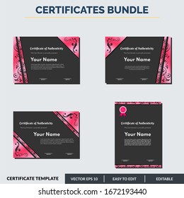 Certificate design template of authenticity in red theme. Can be used for any kind of business and events.
