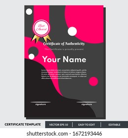 Certificate design template of authenticity in red theme. Can be used for any kind of business and events.