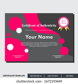 Certificate design template of authenticity in red theme. Can be used for any kind of business and events.