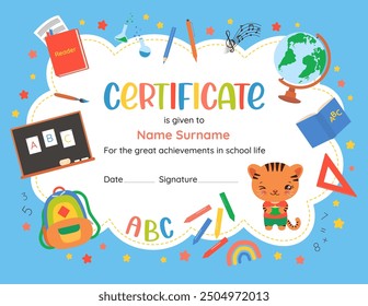 Certificate design template for elementary school. Playful frame with school supplies background. Children vector illustration, vibrant colors, child-friendly elements, emphasizing studying success.