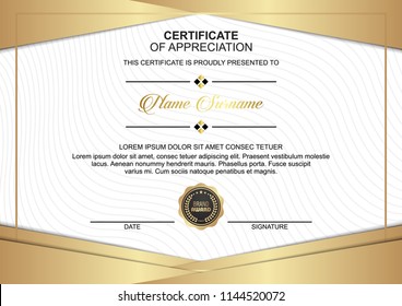 Certificate design template with luxury badge and wavy lines shapes. Vector illustration