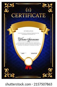 certificate design template with luxury style, blue, black and gold color combination, looks very elegant. Design for Diploma, certificate of appreciation or award.