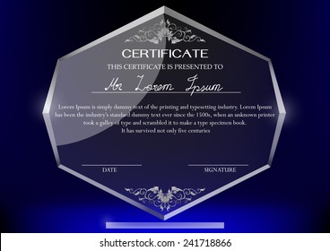 Certificate design template on glass trophy and dark background