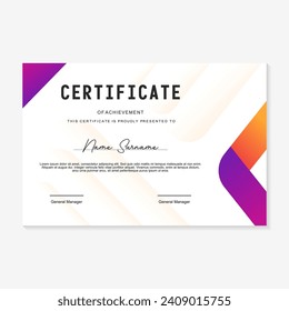 plantilla de diseño de certificado con fondo de gradiente morado y naranja