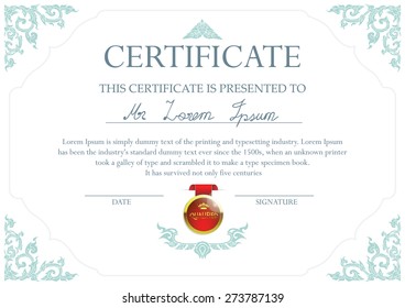 Certificate design template with Thai art frame and 3d red qualified badge.