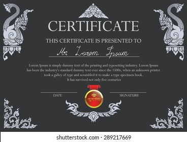 Certificate design template with Thai art frame. Naga art.