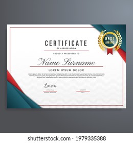 Certificate design template vector, certificate of appreciation with dark blue, red, and gold badge, can be used for diploma, achievement, completion, etc