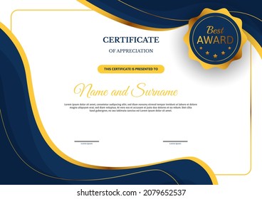 vector de diseño de certificado con color oro y azul
