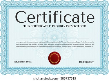 Certificate. Detailed. Complex design. Printer friendly. Light blue color.