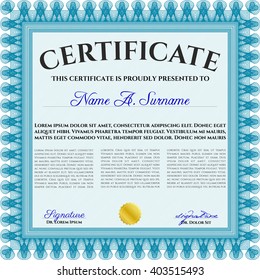 Certificate. Detailed. Printer friendly. Complex design. Light blue color.