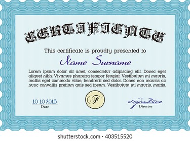 Certificate. Detailed. Printer friendly. Complex design. Light blue color.